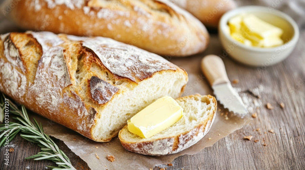 Poster fresh bread slices topped with rich butter rest on a rustic wooden table, creating a warm and inviti
