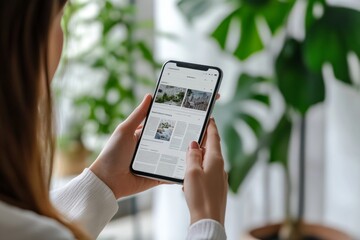 Woman engaged in reading news articles on smartphone at home with digital news mockup display