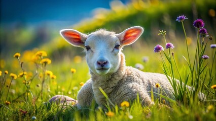 Fototapeta premium Serene Lamb in a Lush Green Field Symbolizing Divine Purity and Holiness Under a Clear Blue Sky, Emphasizing Natural Beauty and Tranquility in Nature’s Embrace