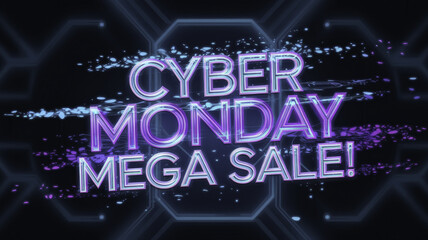 Cyber Monday: Cyber Monday mega sale with vibrant neon text and tech background