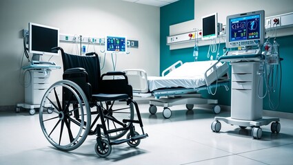 Empty Wheelchair in a Modern Hospital Room Symbolizing Compassion and Care for Patients in Need