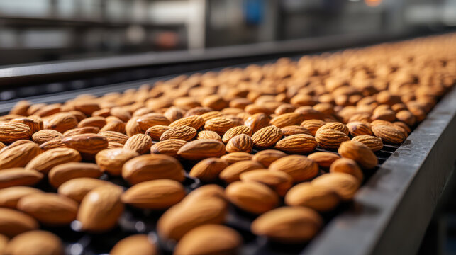 Almonds on conveyor belt in factory indicating industrial food processing