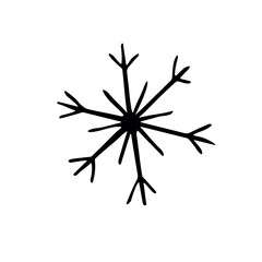 Black Snowflake isolated on white background. Line art, doodle, hand drawn. Xmas, New Year, winter elements of design and icons. Simple vector illustration.
