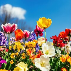 Obraz premium various types of colorful flowers with a bright blue sky during the day
