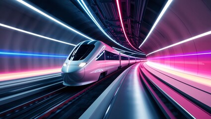 Fototapeta premium High-Speed Futuristic Train Traveling Through a Breathtaking Landscape at Dawn