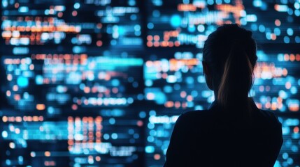 Silhouette of a woman in front of a large digital display with data patterns, symbolizing analysis, technology, and information processing.