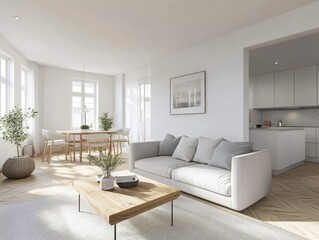 Modern Living Room with White Sofa, Wooden Table, and White Kitchen View