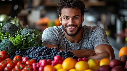Man Preparing Nutritious Smoothie in Kitchen - Balancing Diet with Fresh Fruits and Vegetables for Healthy Lifestyle