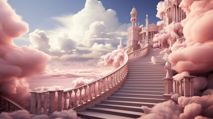 A castle with a pink sky and a pink staircase