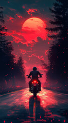 Obraz premium Lone Biker on a Fiery Road with Blood Moon - Cinematic Night Ride