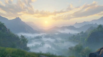A scenic vista of a mountainous landscape with a sunrise breaking through clouds.