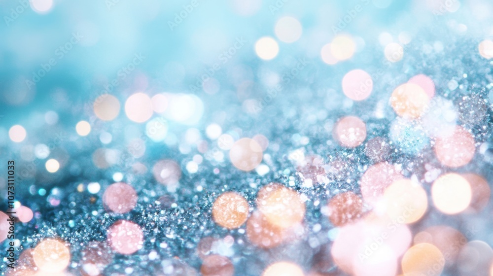 Poster bokeh effects create a dreamy atmosphere with soft, sparkling lights against a calming blue backdrop