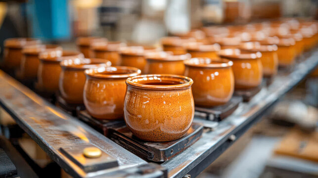 Ceramic pots on assembly line in factory for mass production