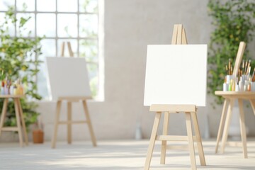 An inspiring art studio setup featuring multiple blank canvases on wooden easels, surrounded by art supplies, lush greenery, and abundant natural light, ideal for creativity and relaxation.

