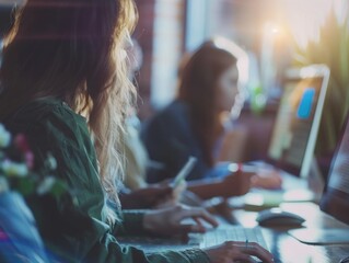 This is a picture of a woman focusing on her work at a computer. The scene takes place in an office...