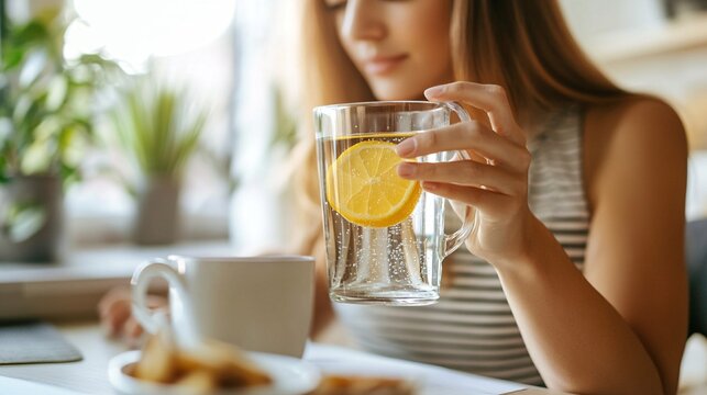 Wellness at Work - Woman Nourishing Body with Water and Snacks in Home Office for Productive Day