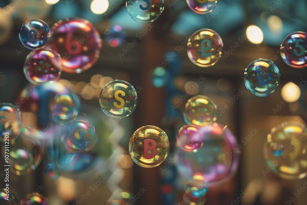 Poster soap bubbles are floating in the air with letters inside representing vitamins and minerals