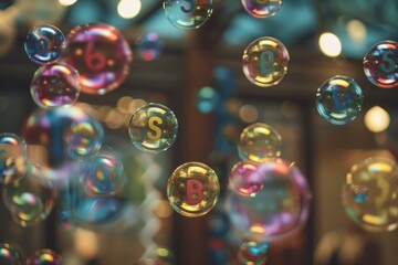 Naklejka premium Soap bubbles are floating in the air with letters inside representing vitamins and minerals