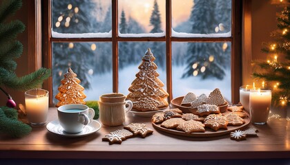 christmas still life with candle and christmas tree