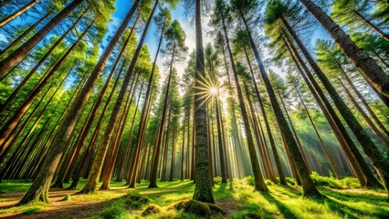 Fototapeta premium Serene Tall Pine Trees in a Lush Green Forest Canopy with Sunlight Filtering Through the Needles, Capturing the Essence of Nature's Tranquility and Beauty