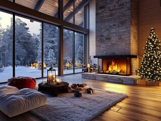 Fototapeta premium Cozy Living Room with Fireplace, Christmas Tree, and Winter View