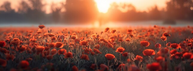field of poppies at sunrise, beautiful summer landscape with red flowers in the meadow, vibrant background with morning sun rays and misty air