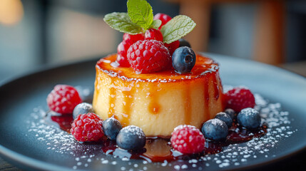 Elegant caramel flan garnished with fresh berries and mint on a black plate