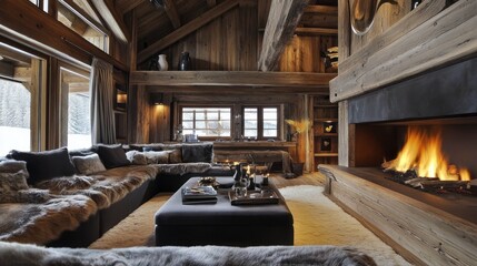 Cozy Living Room with Fireplace and Fur Throws in a Rustic Cabin