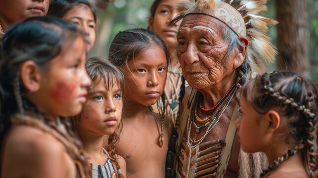 Native American Heritage Month. A group of children gathered around an elder, listening intently as they share stories of their culture and traditions.