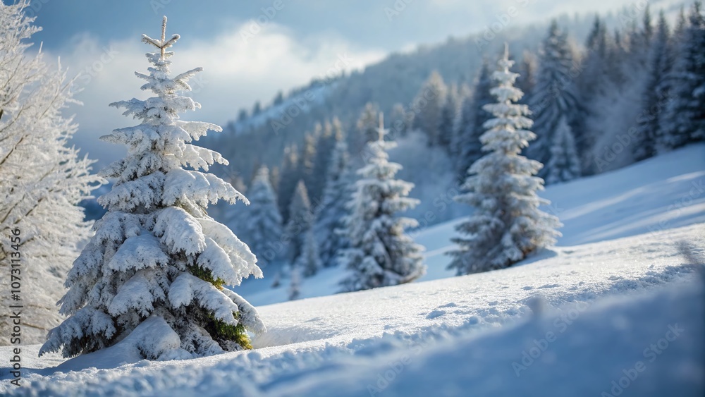 Poster serene winter landscape with a group of snow-covered trees emphasizing tilt-shift photography techni