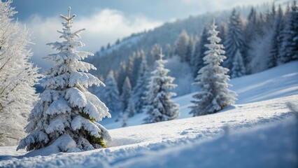 Serene Winter Landscape with a Group of Snow-Covered Trees Emphasizing Tilt-Shift Photography Technique for a Dreamlike Effect in a Snowy Environment