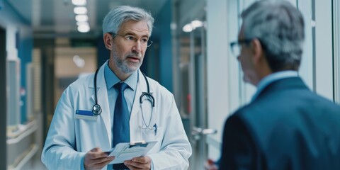 Medical discussion in a professional setting between doctor and patient regarding healthcare treatment.