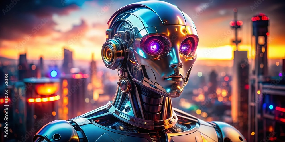 Poster shiny futuristic humanoid robot with glowing eye in blurred background captured in panoramic photogr