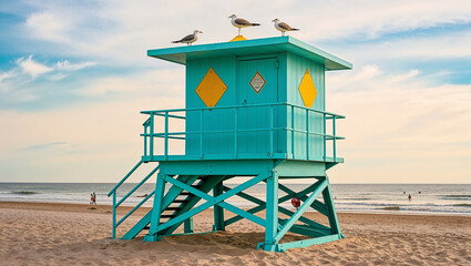Turquoise lifeguard tower with seagulls on a sandy beach view.