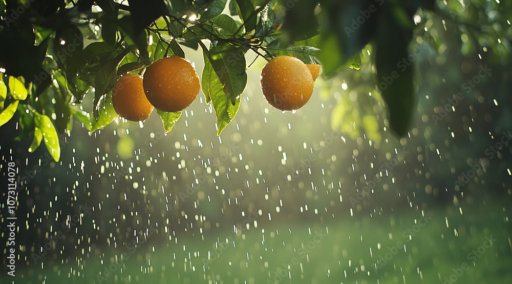 Poster ripe oranges hang from a tree branch during a light rain shower
