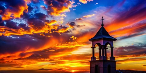 Silhouette of a Majestic Catholic Church Tower Against a Stunning Background of Sunlight and Dramatic Clouds Capturing the Essence of Faith and Architecture