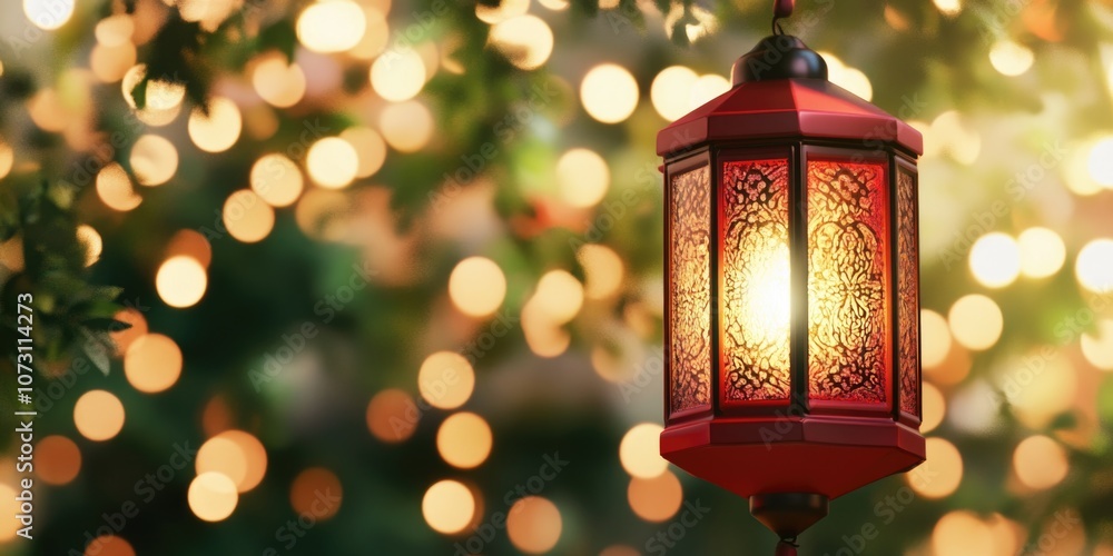 Poster red lantern is lit up in the dark. the lantern is hanging from a tree branch. the lantern is lit up,