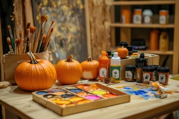 A wooden table with paintbrushes, pumpkins, paint, and other art supplies.