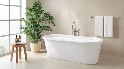 Modern Bathroom with Freestanding Bathtub Surrounded by Elegant Plants and Soft Towels for a Relaxing and Inviting Atmosphere