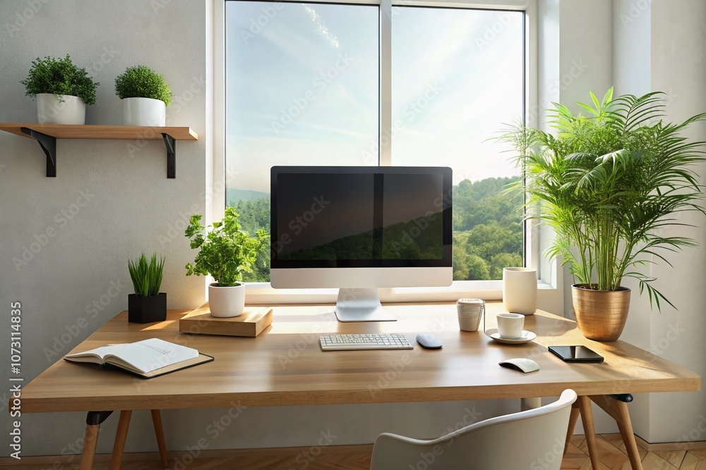 Poster simple office desk design for application interface featuring minimalist elements, clean lines, and 