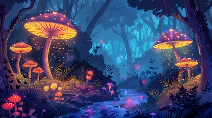 A magical forest with glowing mushrooms and a stream running through it.
