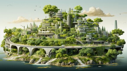 A city made of trees and buildings with a bridge and a car
