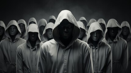 A group of people wearing hoodies and standing in a line