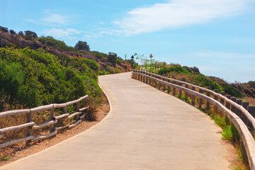 Winding road stretches ahead, featuring road signs positioned alongside 
