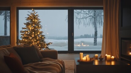 Naklejka premium Cozy Winter Living Room with a Christmas Tree and a View of a Snowy Landscape