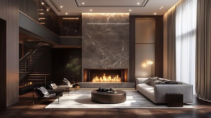 Modern Luxury Living Room with Fireplace and Staircase