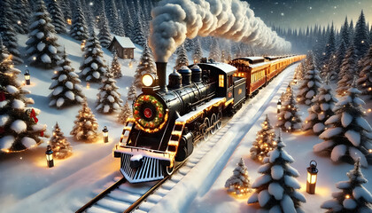 A vintage Christmas train chugging through a snowy winter landscape, with steam billowing and festive decorations on each car.