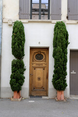 Porte d'entrée d'une maison avec deux ifs en Camargue