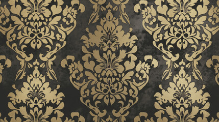 Gold and Black Damask Wallpaper with Floral Patterns