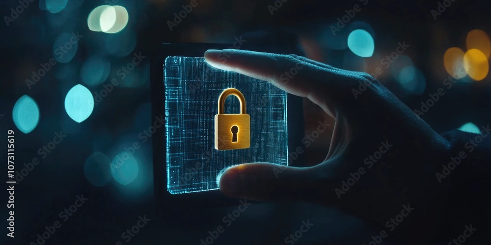 Poster hand holding digital lock symbolizing cybersecurity and secure access to digital information.
